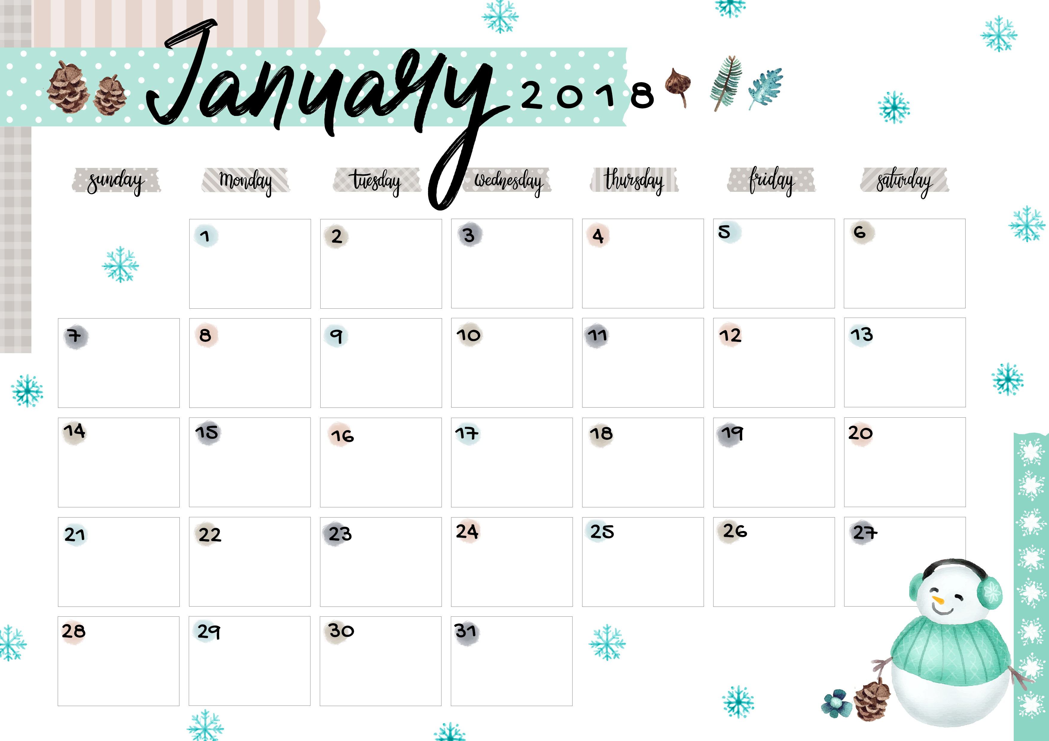 January 2018 Printable Colorful Calendar – Free Download | Colorful Zone